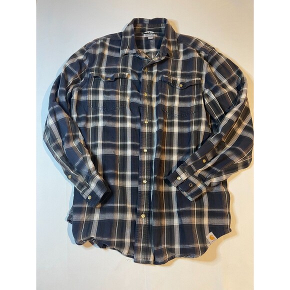 Carhartt Shirt Mens Large Blue Plaid Flannel Heavyweight Relaxed Fit Workwear - Picture 1 of 4